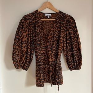 Ganni Leopard Print Cotton Wrap Top